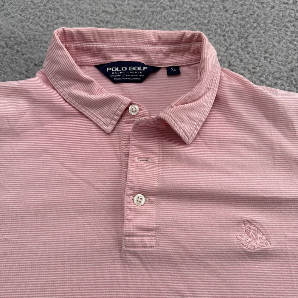 Polo Golf Ralph Lauren Polo Mens XL Pink Stripe Quail Hollow Logo Pima Cotton